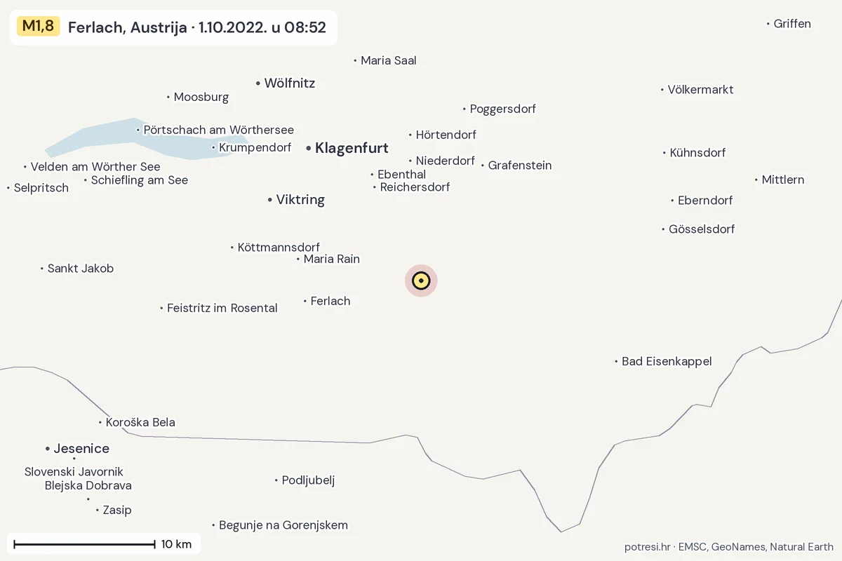 Karta: okolica epicentra, 60 km, potres M1,8, Ferlach, Austrija, 1.10.2022.