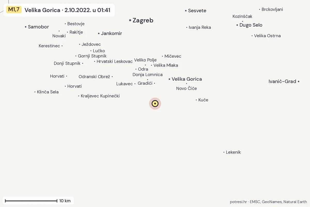 Karta: okolica epicentra, 60 km, potres M1,7, Velika Gorica, 2.10.2022.