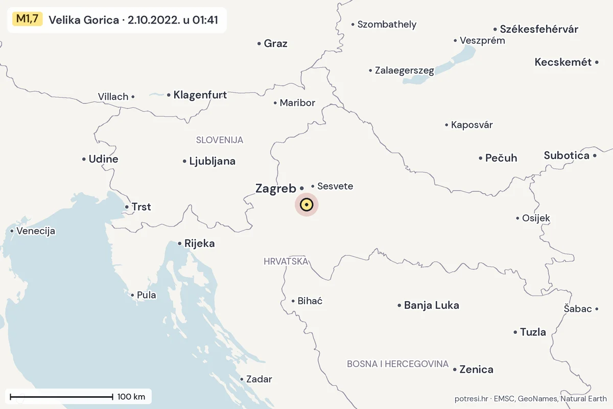Karta: šire područje, 600 km, potres M1,7, Velika Gorica, 2.10.2022.