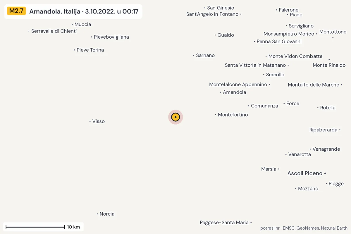 Karta: okolica epicentra, 60 km, potres M2,7, Amandola, Italija, 3.10.2022.