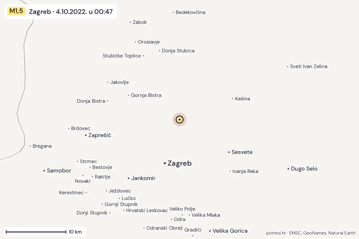 Karta: okolica epicentra, 60 km, potres M1,5, Zagreb, 4.10.2022.