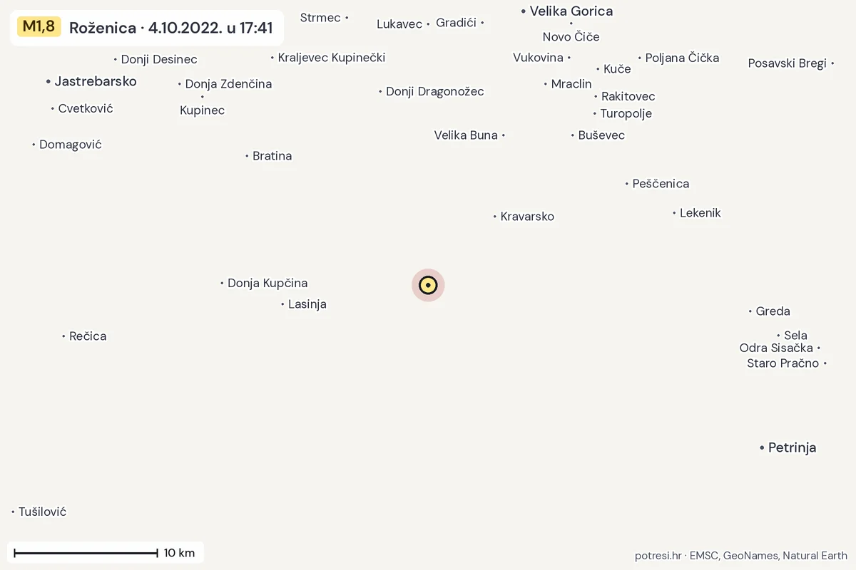Karta: okolica epicentra, 60 km, potres M1,8, Roženica, 4.10.2022.