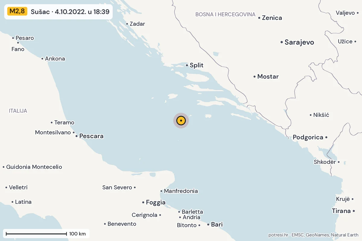 Karta: šire područje, 600 km, potres M2,8, Sušac, 4.10.2022.