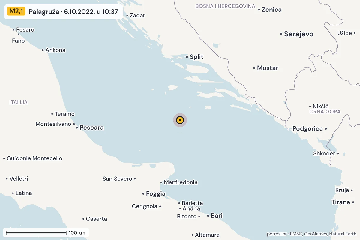 Karta: šire područje, 600 km, potres M2,1, Palagruža, 6.10.2022.