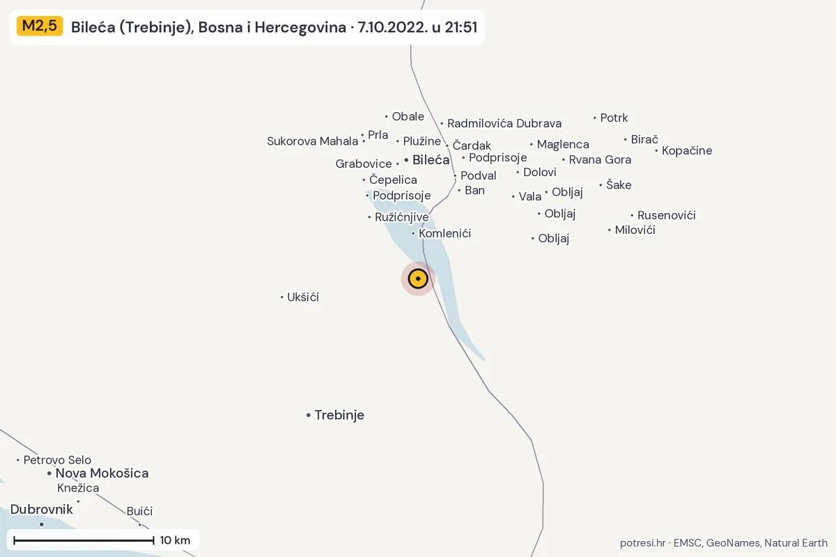 Karta: okolica epicentra, 60 km, potres M2,5, Bileća (Trebinje), Bosna i Hercegovina, 7.10.2022.