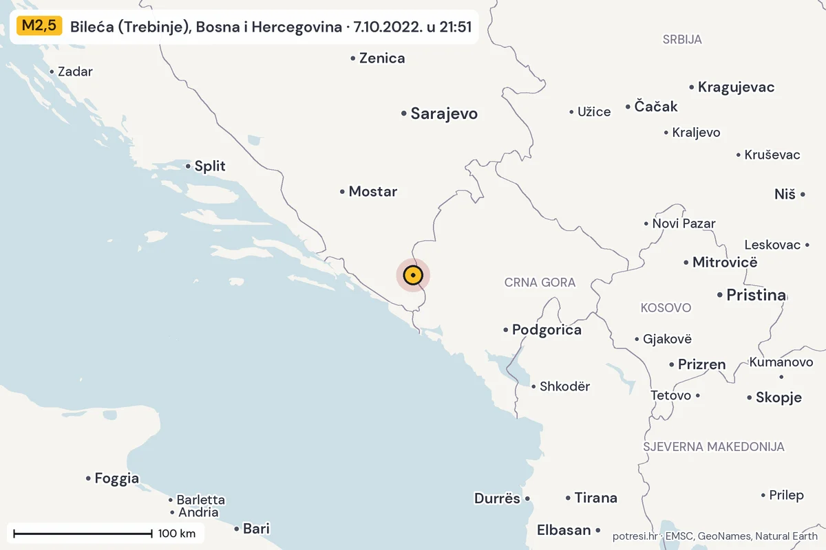 Karta: šire područje, 600 km, potres M2,5, Bileća (Trebinje), Bosna i Hercegovina, 7.10.2022.