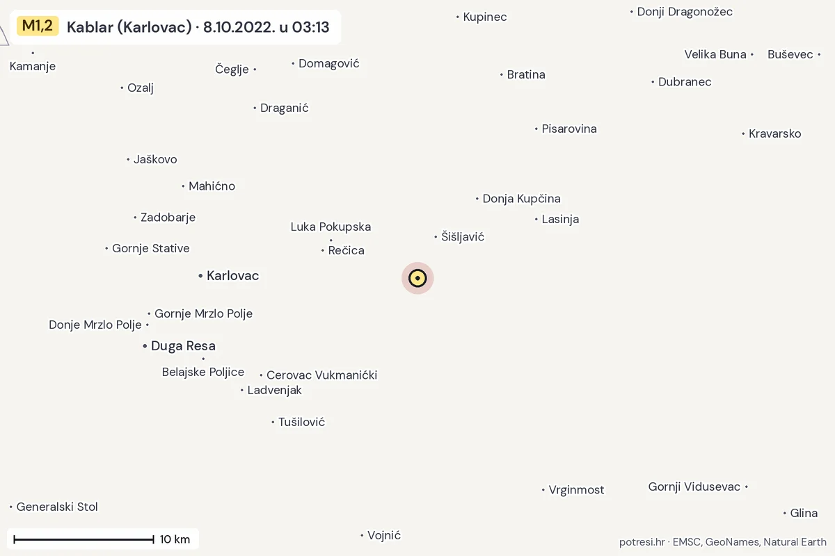 Karta: okolica epicentra, 60 km, potres M1,2, Kablar (Karlovac), 8.10.2022.