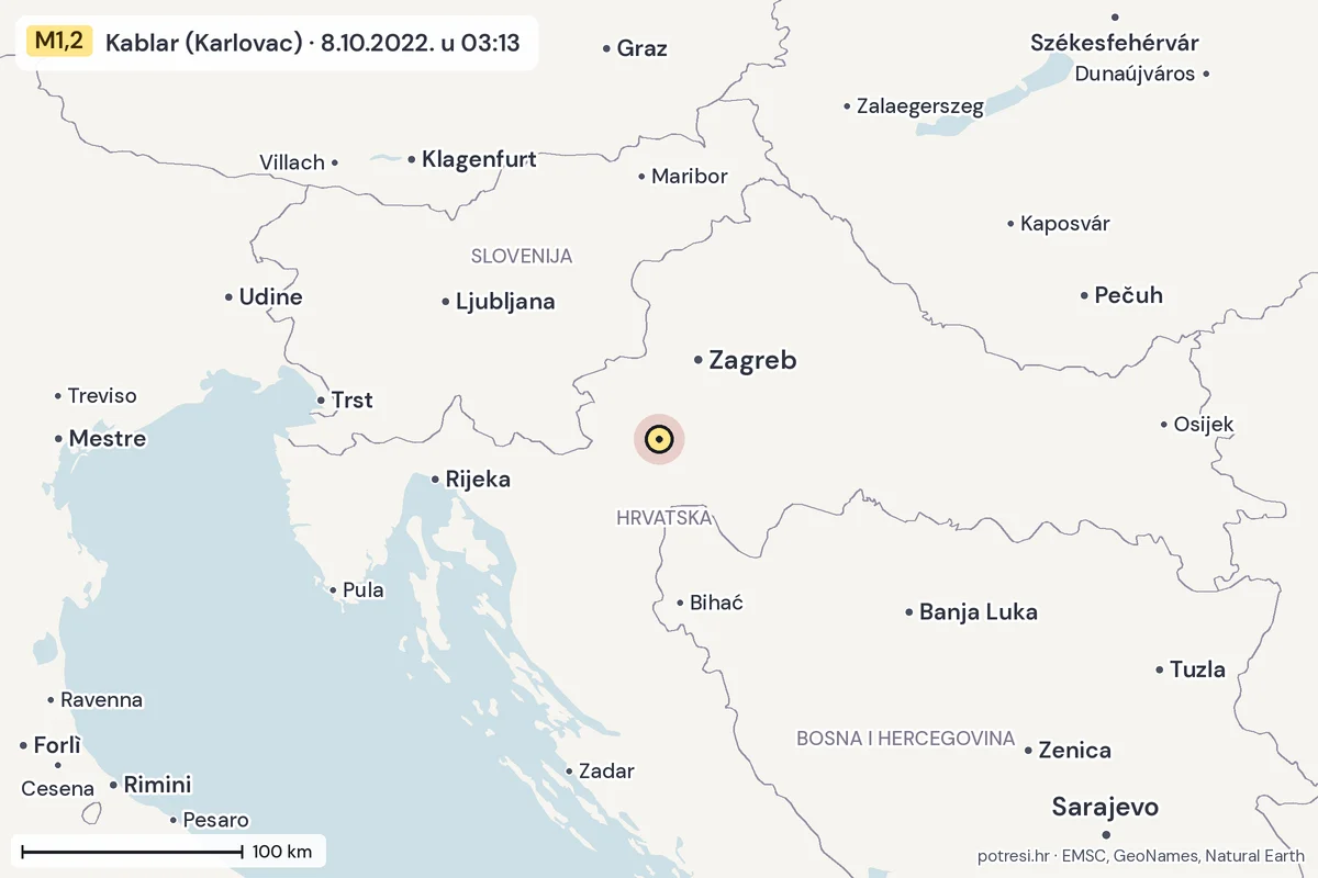 Karta: šire područje, 600 km, potres M1,2, Kablar (Karlovac), 8.10.2022.