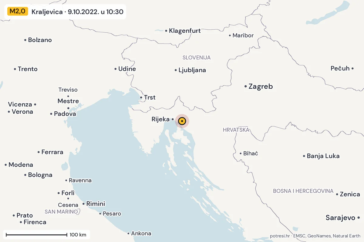 Karta: šire područje, 600 km, potres M2,0, Kraljevica, 9.10.2022.