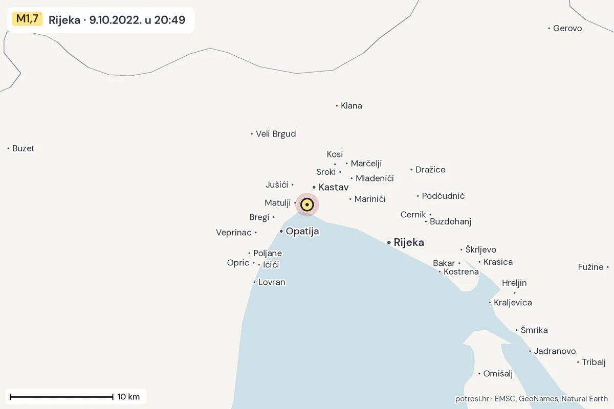 Karta: okolica epicentra, 60 km, potres M1,7, Rijeka, 9.10.2022.