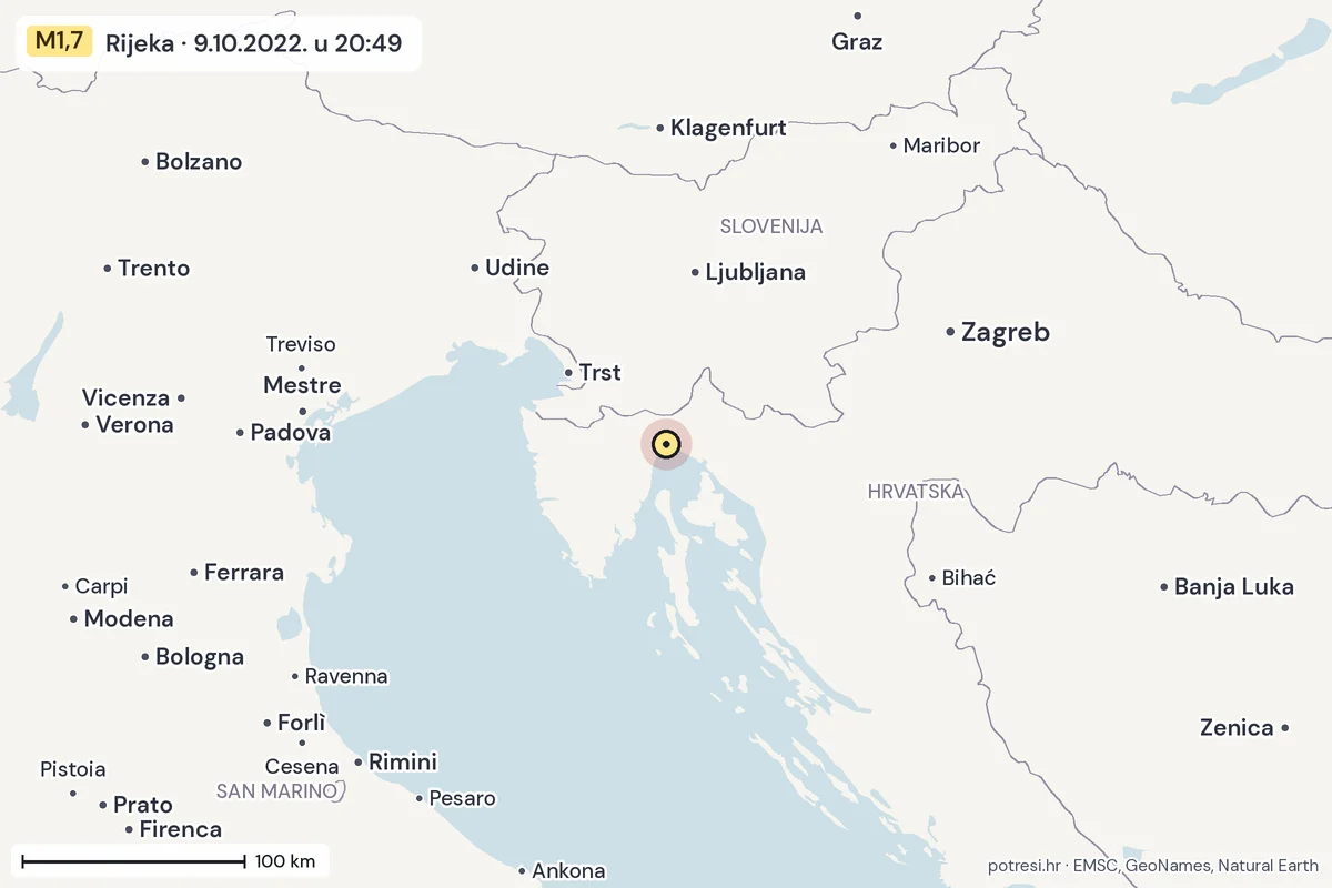 Karta: šire područje, 600 km, potres M1,7, Rijeka, 9.10.2022.