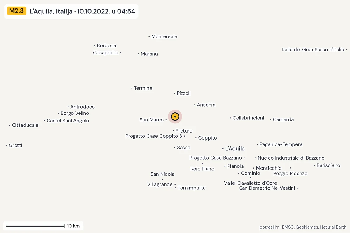Karta: okolica epicentra, 60 km, potres M2,3, L'Aquila, Italija, 10.10.2022.