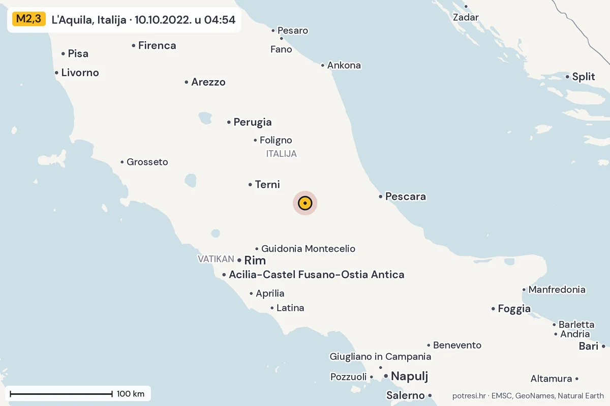 Karta: šire područje, 600 km, potres M2,3, L'Aquila, Italija, 10.10.2022.