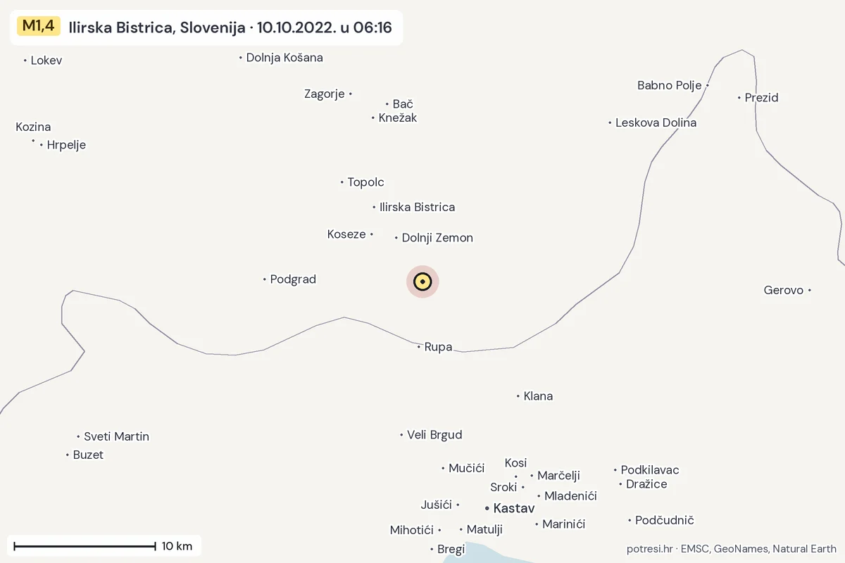 Karta: okolica epicentra, 60 km, potres M1,4, Ilirska Bistrica, Slovenija, 10.10.2022.