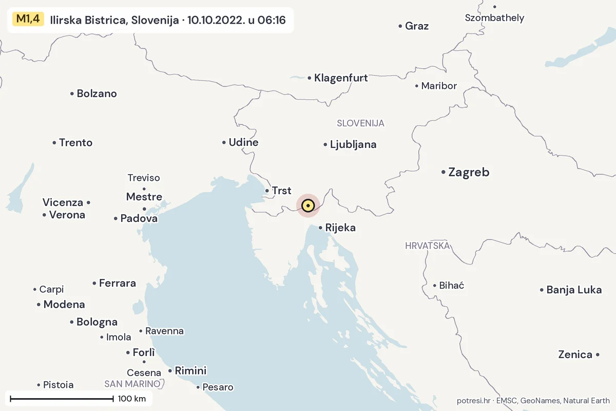 Karta: šire područje, 600 km, potres M1,4, Ilirska Bistrica, Slovenija, 10.10.2022.