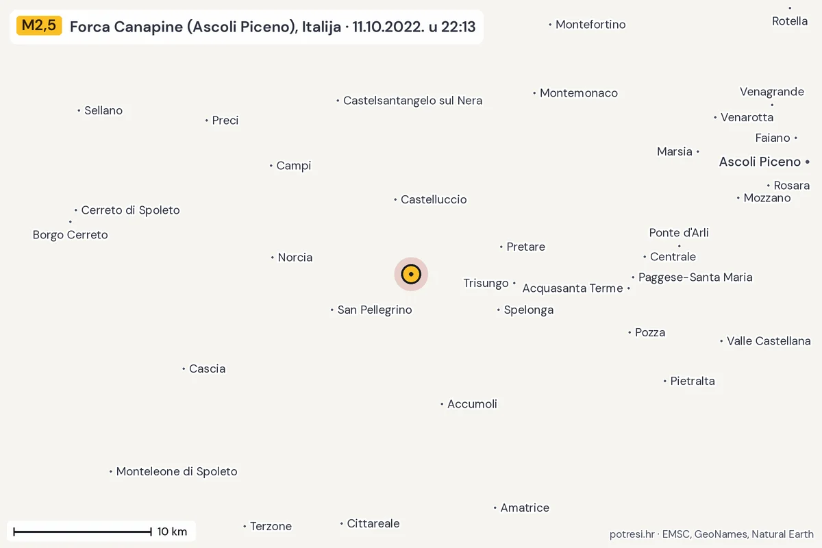 Karta: okolica epicentra, 60 km, potres M2,5, Forca Canapine (Ascoli Piceno), Italija, 11.10.2022.