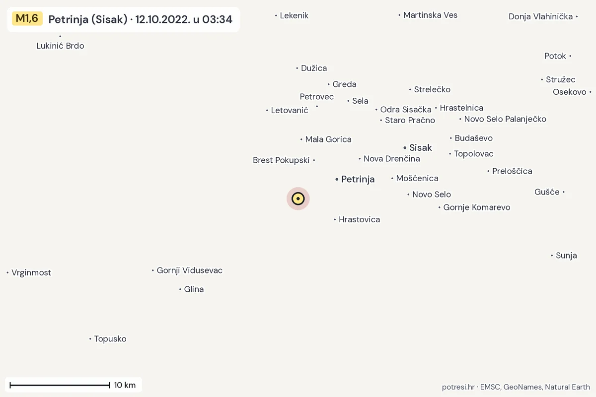 Karta: okolica epicentra, 60 km, potres M1,6, Petrinja (Sisak), 12.10.2022.
