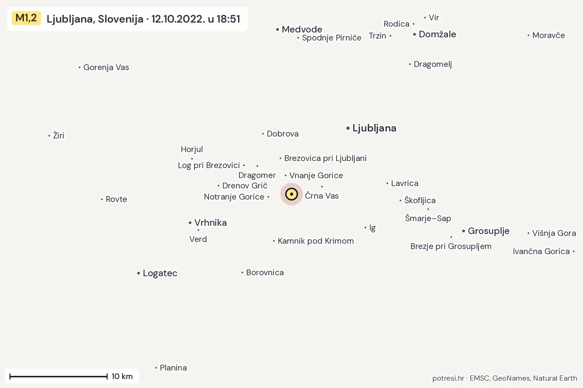 Karta: okolica epicentra, 60 km, potres M1,2, Ljubljana, Slovenija, 12.10.2022.