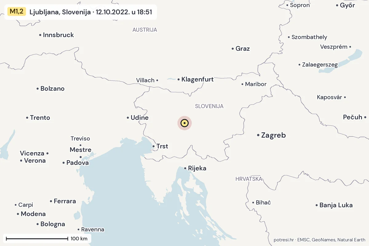 Karta: šire područje, 600 km, potres M1,2, Ljubljana, Slovenija, 12.10.2022.