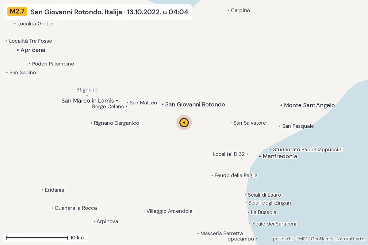Karta: okolica epicentra, 60 km, potres M2,7, San Giovanni Rotondo, Italija, 13.10.2022.