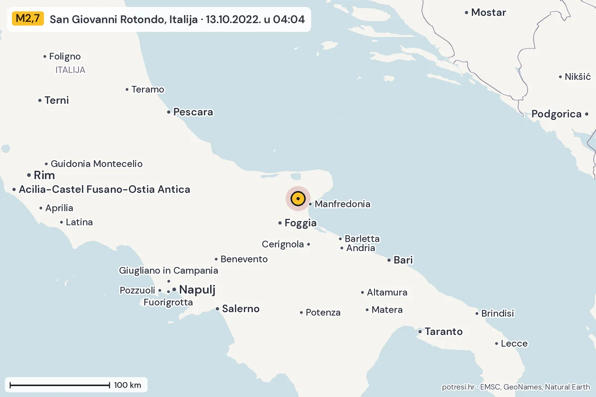 Karta: šire područje, 600 km, potres M2,7, San Giovanni Rotondo, Italija, 13.10.2022.