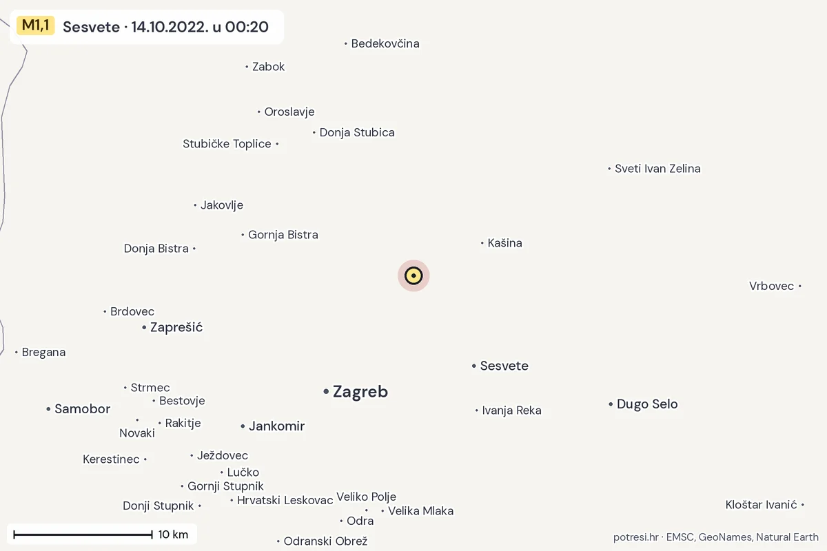 Karta: okolica epicentra, 60 km, potres M1,1, Sesvete, 14.10.2022.