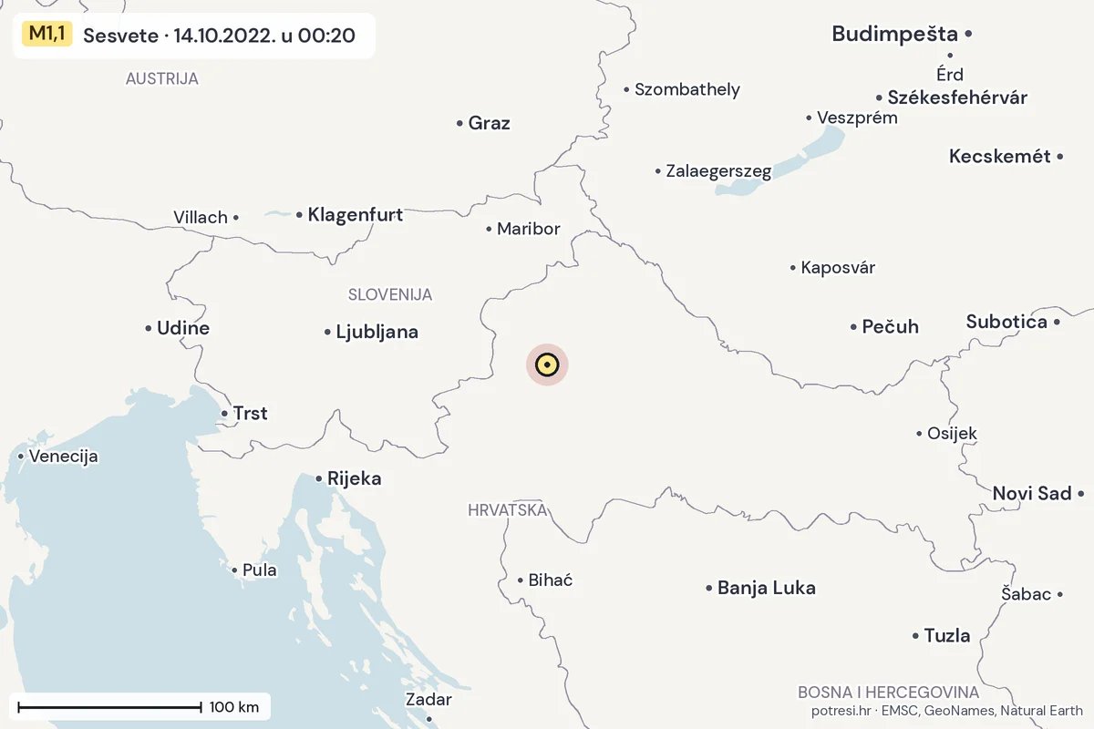 Karta: šire područje, 600 km, potres M1,1, Sesvete, 14.10.2022.