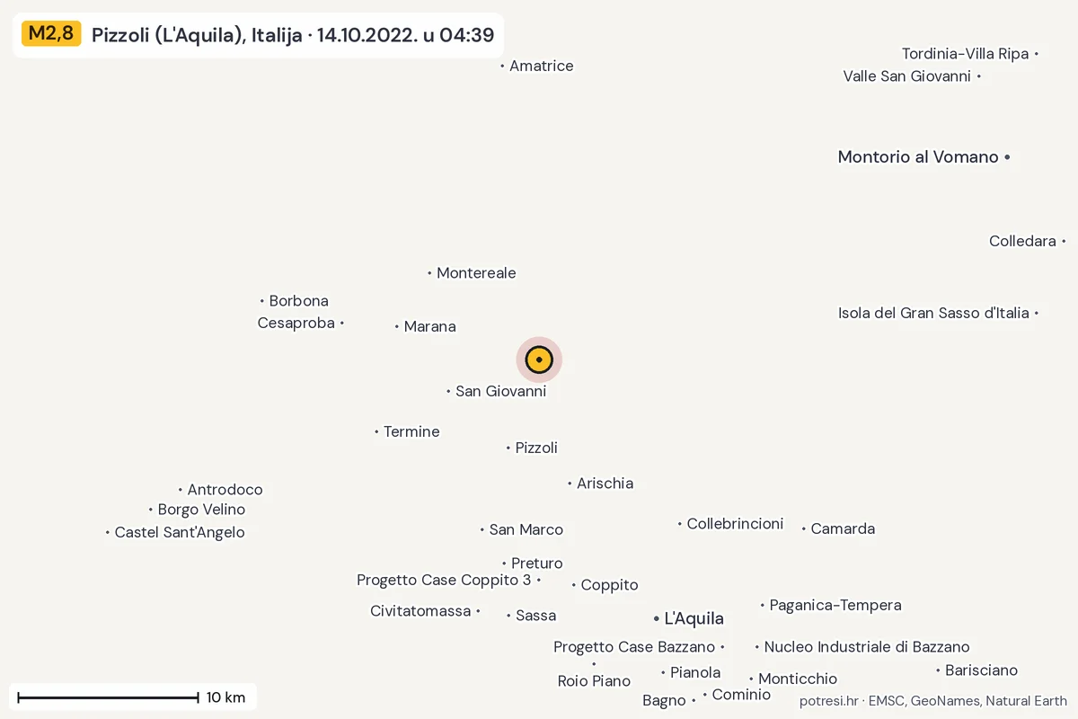 Karta: okolica epicentra, 60 km, potres M2,8, Pizzoli (L'Aquila), Italija, 14.10.2022.