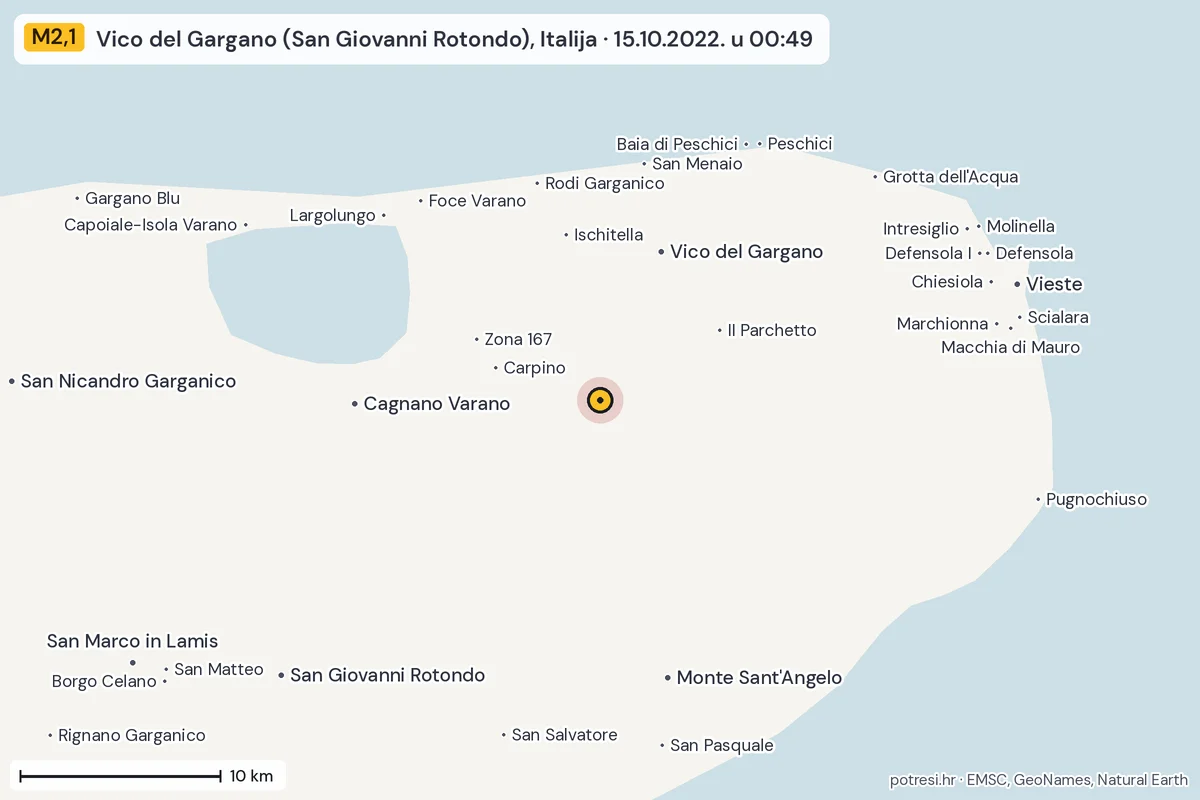 Karta: okolica epicentra, 60 km, potres M2,1, Vico del Gargano (San Giovanni Rotondo), Italija, 15.10.2022.
