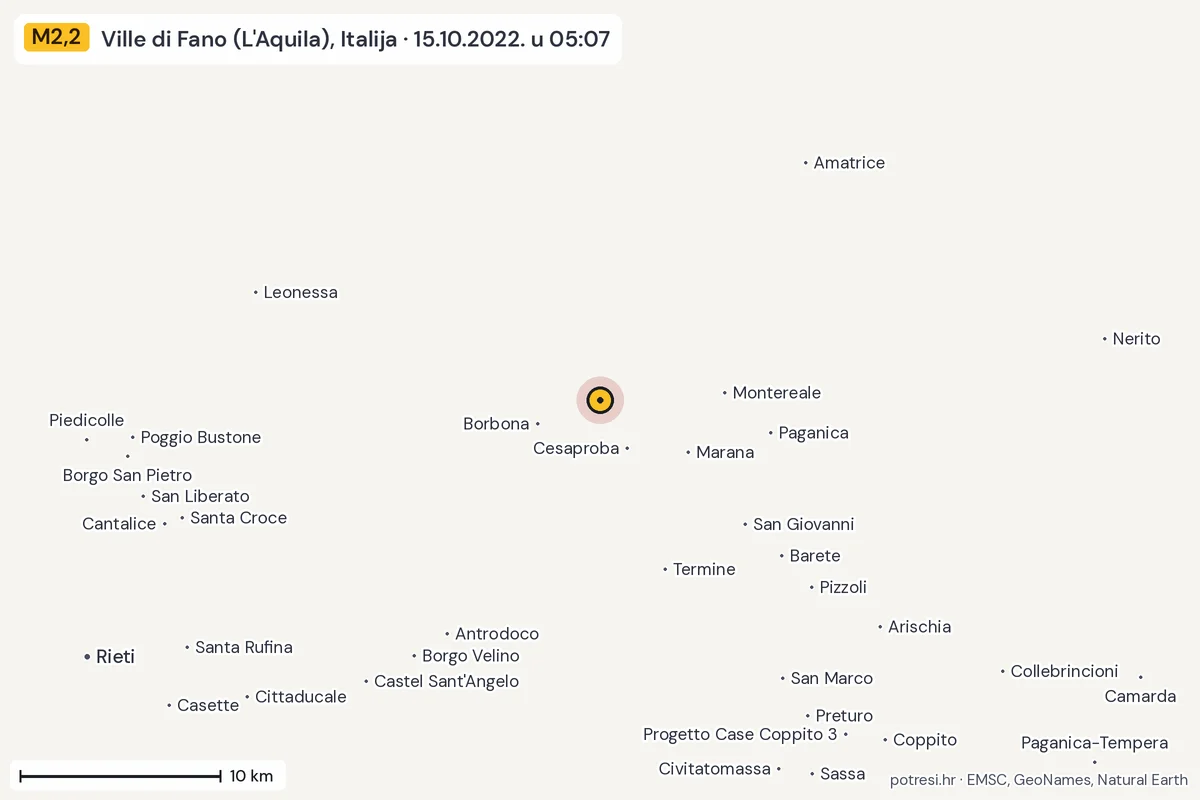 Karta: okolica epicentra, 60 km, potres M2,2, Ville di Fano (L'Aquila), Italija, 15.10.2022.