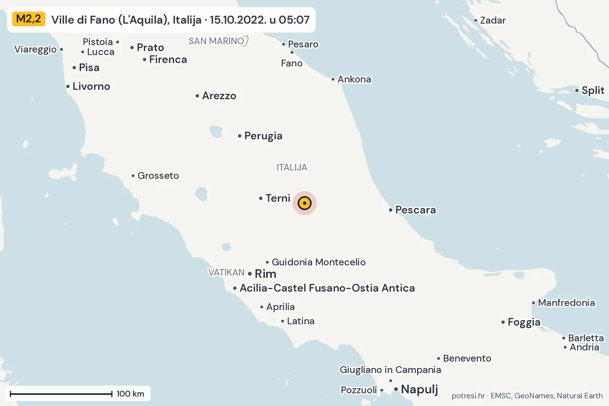 Karta: šire područje, 600 km, potres M2,2, Ville di Fano (L'Aquila), Italija, 15.10.2022.