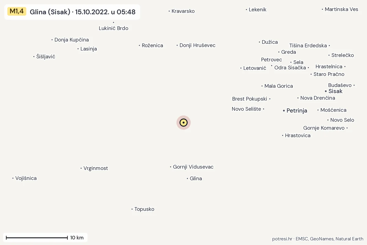 Karta: okolica epicentra, 60 km, potres M1,4, Glina (Sisak), 15.10.2022.