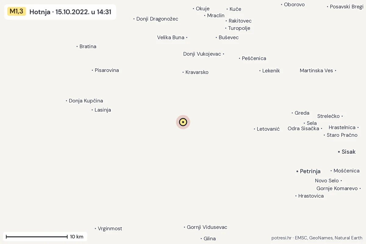 Karta: okolica epicentra, 60 km, potres M1,3, Hotnja, 15.10.2022.