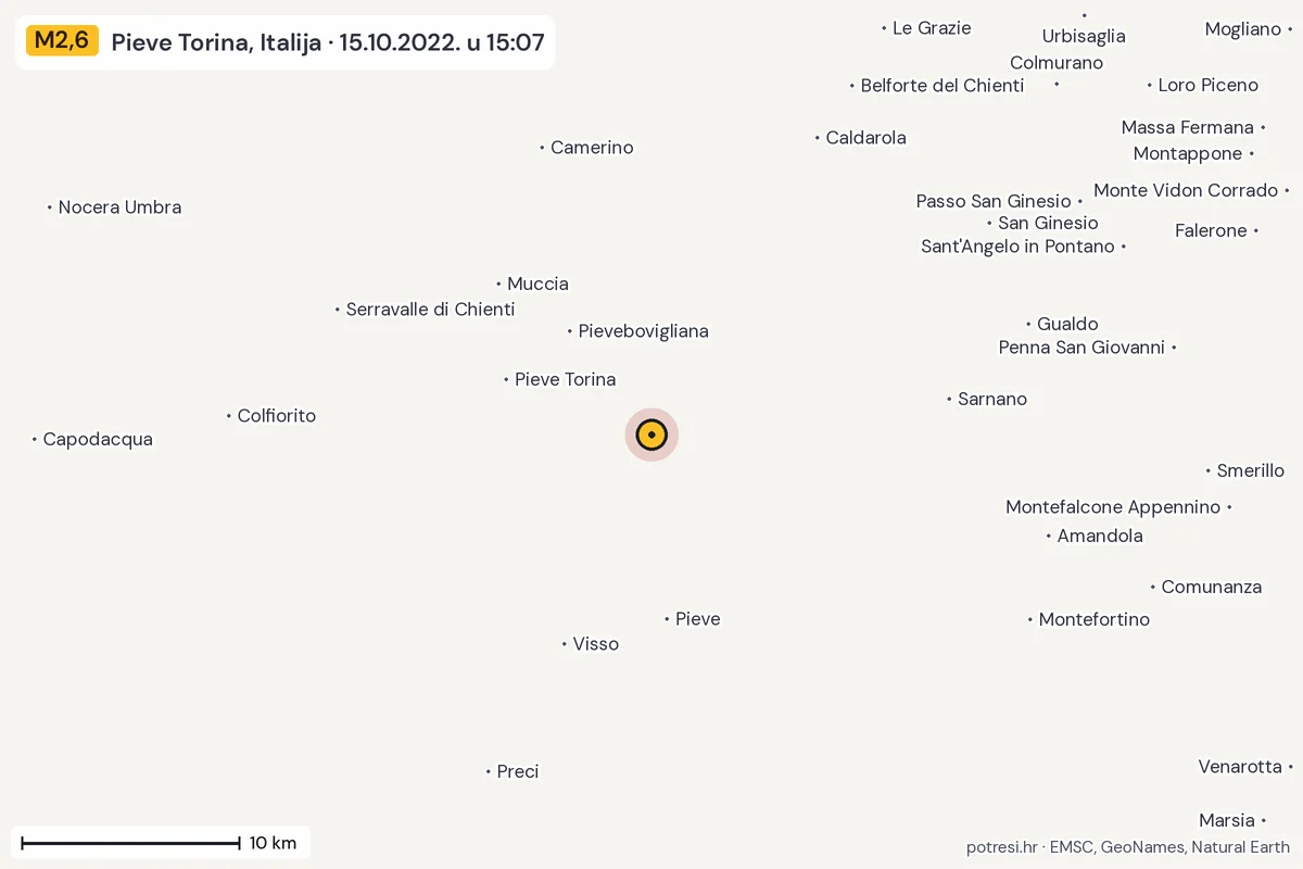 Karta: okolica epicentra, 60 km, potres M2,6, Pieve Torina, Italija, 15.10.2022.