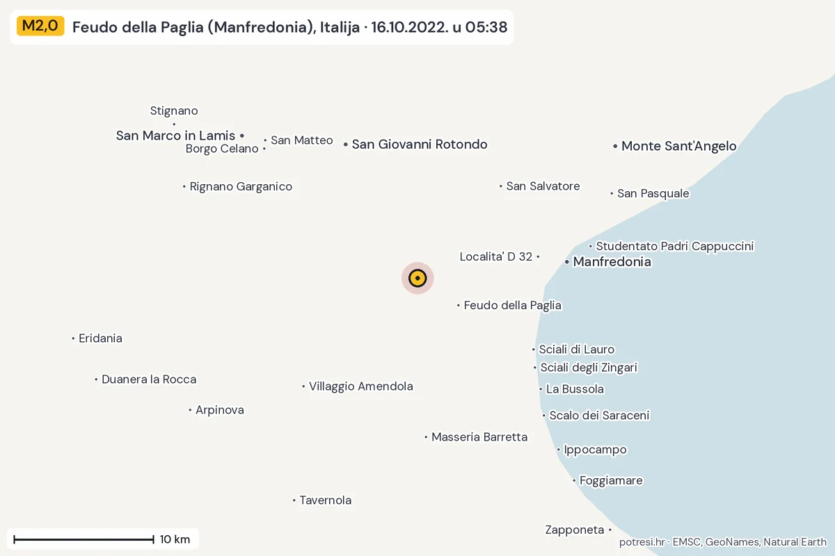 Karta: okolica epicentra, 60 km, potres M2,0, Feudo della Paglia (Manfredonia), Italija, 16.10.2022.