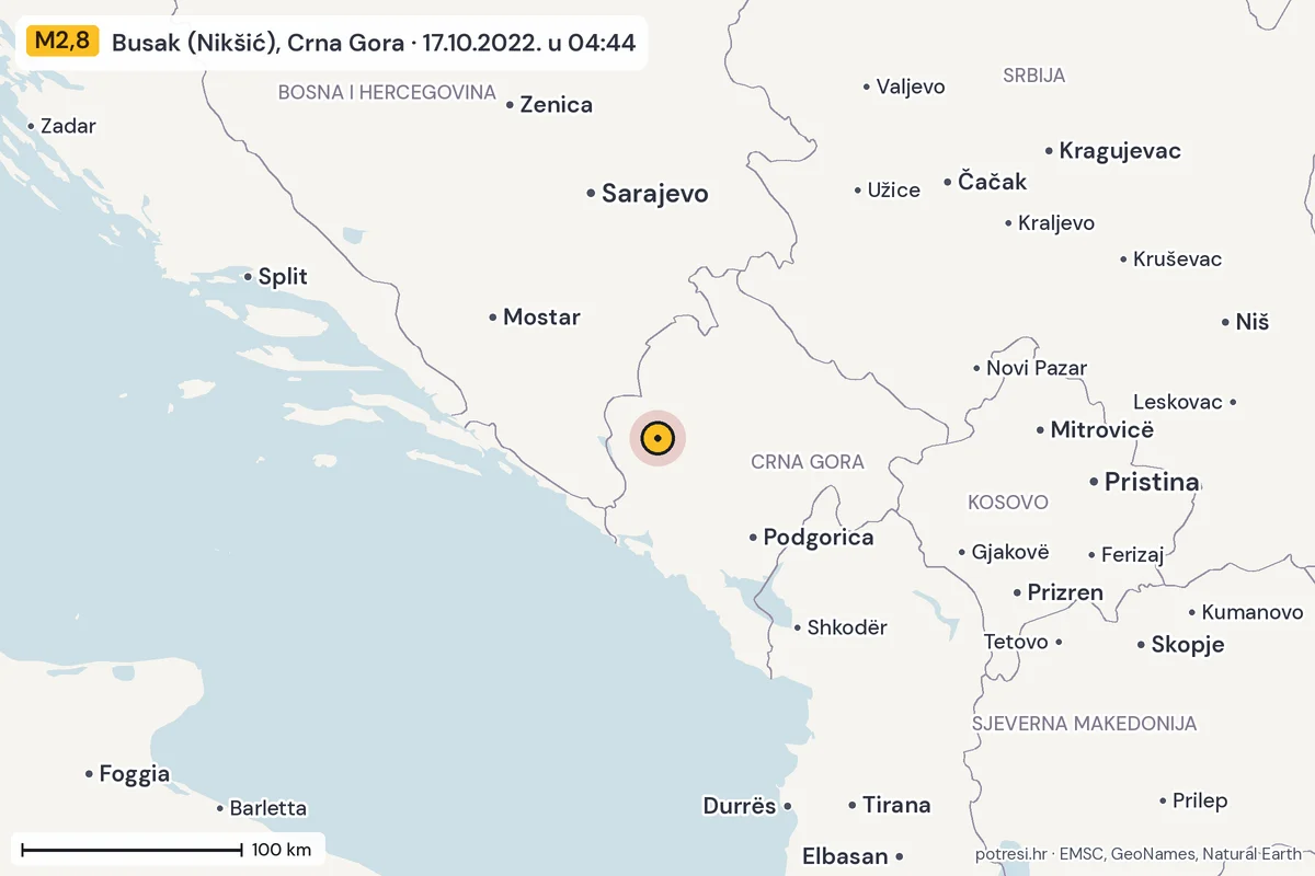 Karta: šire područje, 600 km, potres M2,8, Busak (Nikšić), Crna Gora, 17.10.2022.