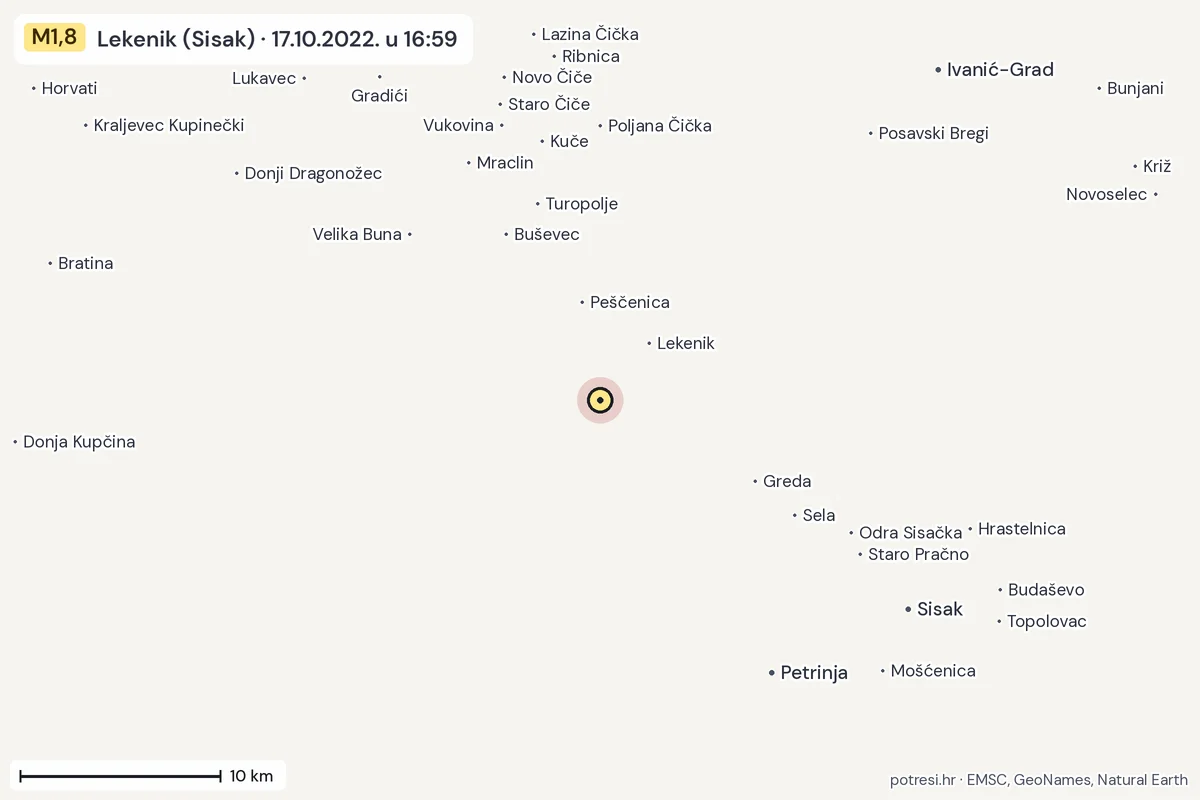 Karta: okolica epicentra, 60 km, potres M1,8, Lekenik (Sisak), 17.10.2022.