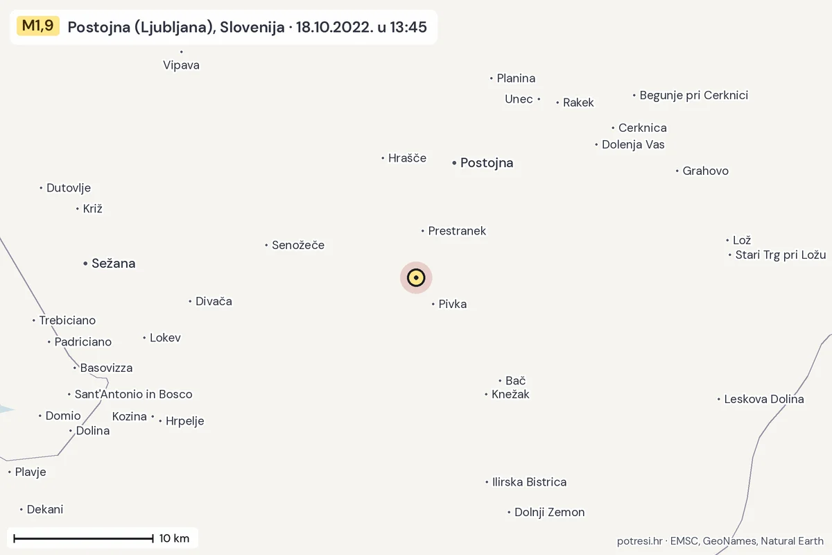 Karta: okolica epicentra, 60 km, potres M1,9, Postojna (Ljubljana), Slovenija, 18.10.2022.