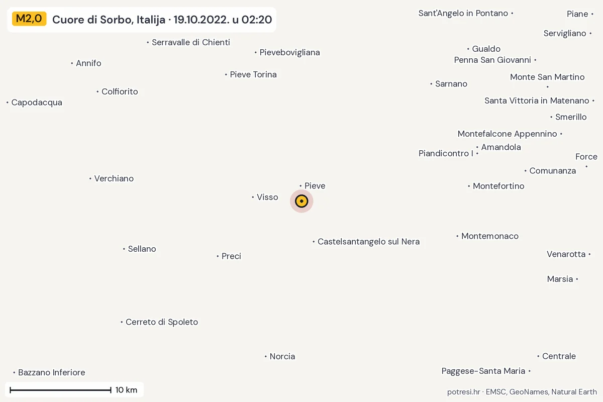 Karta: okolica epicentra, 60 km, potres M2,0, Cuore di Sorbo, Italija, 19.10.2022.