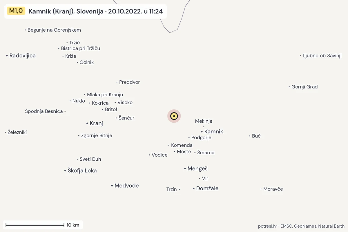 Karta: okolica epicentra, 60 km, potres M1,0, Kamnik (Kranj), Slovenija, 20.10.2022.