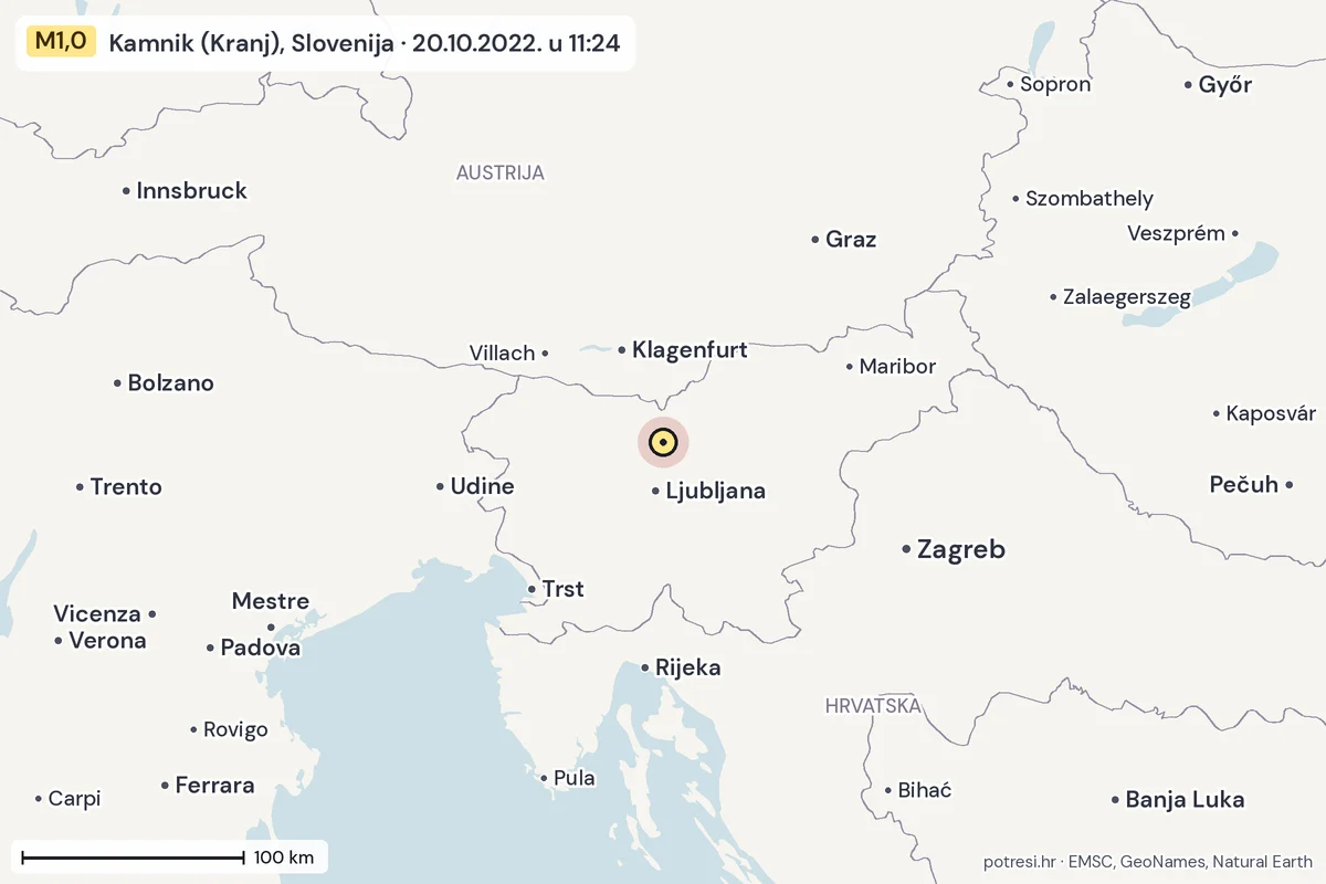 Karta: šire područje, 600 km, potres M1,0, Kamnik (Kranj), Slovenija, 20.10.2022.