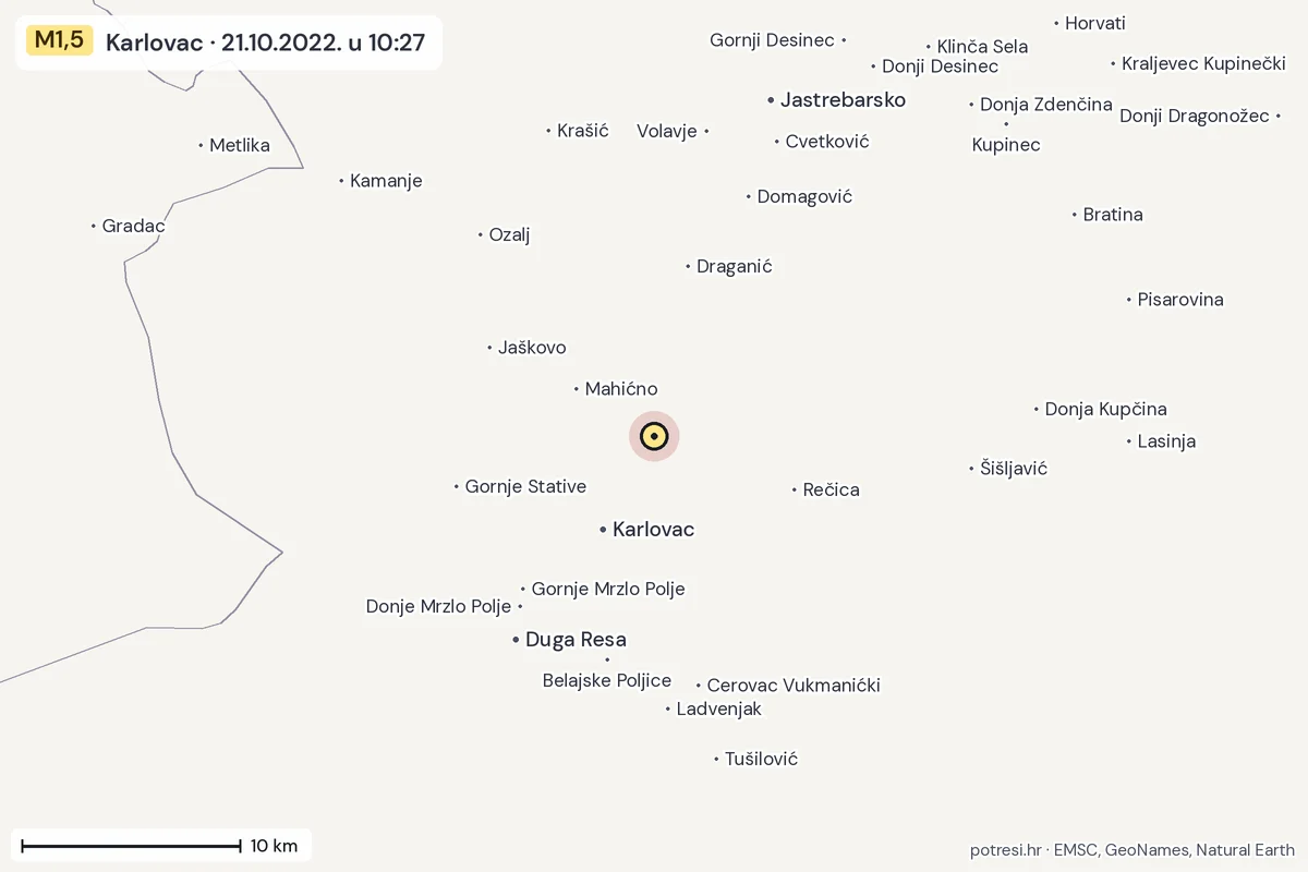 Karta: okolica epicentra, 60 km, potres M1,5, Karlovac, 21.10.2022.
