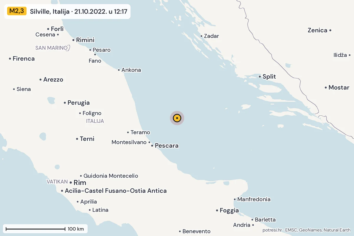 Karta: šire područje, 600 km, potres M2,3, Silville, Italija, 21.10.2022.