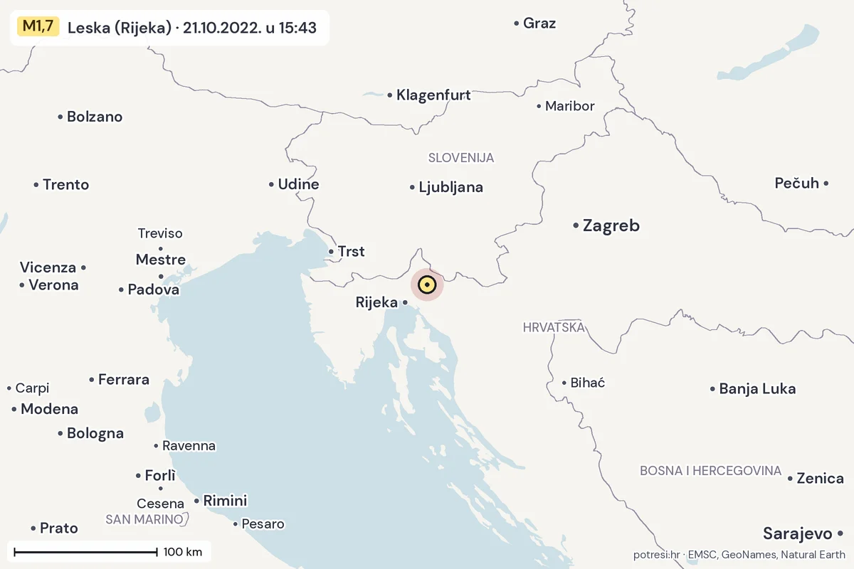 Karta: šire područje, 600 km, potres M1,7, Leska (Rijeka), 21.10.2022.