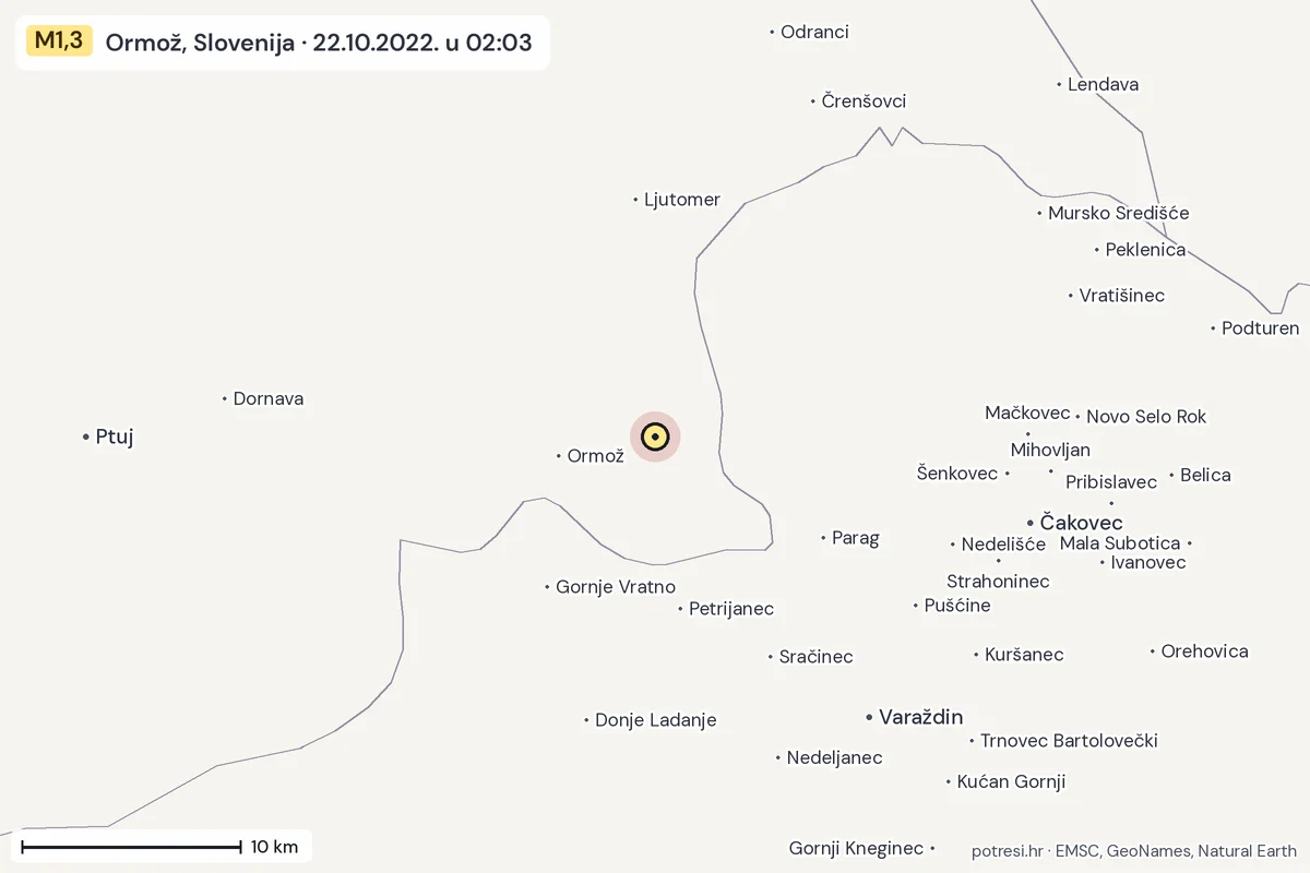 Karta: okolica epicentra, 60 km, potres M1,3, Ormož, Slovenija, 22.10.2022.