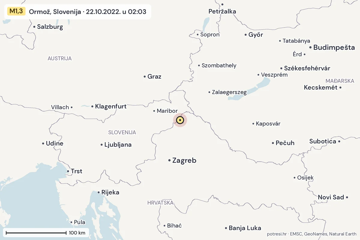 Karta: šire područje, 600 km, potres M1,3, Ormož, Slovenija, 22.10.2022.