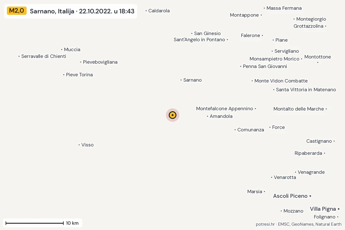 Karta: okolica epicentra, 60 km, potres M2,0, Sarnano, Italija, 22.10.2022.