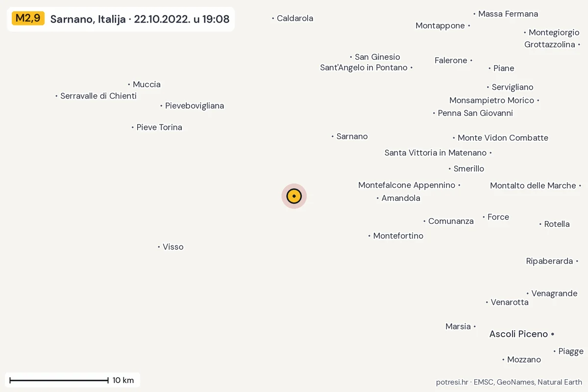 Karta: okolica epicentra, 60 km, potres M2,9, Sarnano, Italija, 22.10.2022.