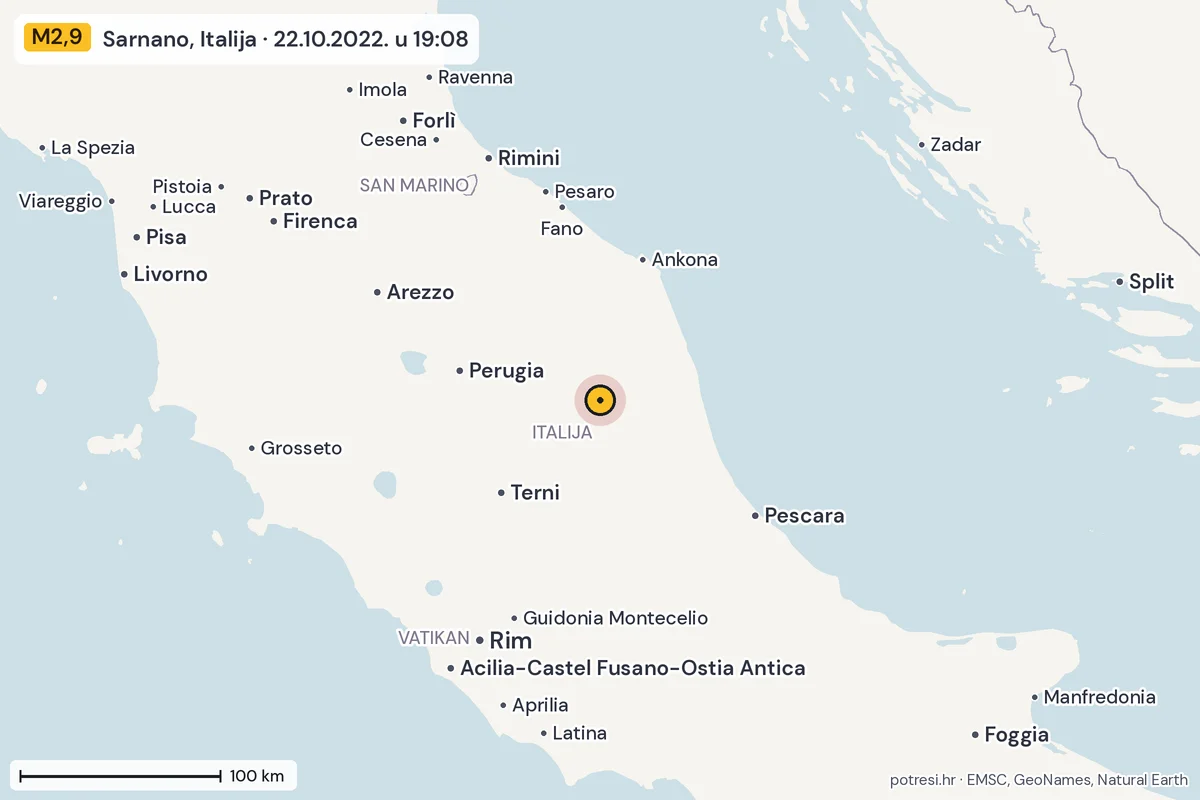Karta: šire područje, 600 km, potres M2,9, Sarnano, Italija, 22.10.2022.