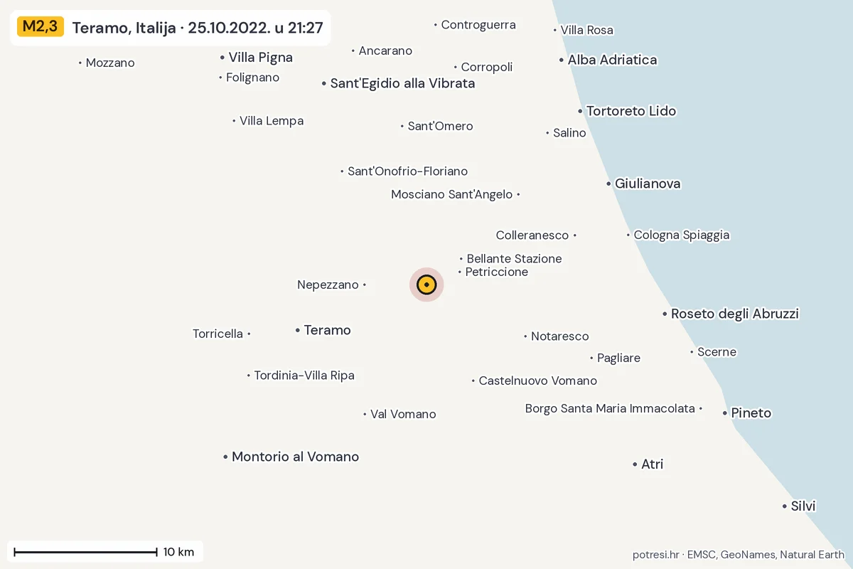 Karta: okolica epicentra, 60 km, potres M2,3, Teramo, Italija, 25.10.2022.